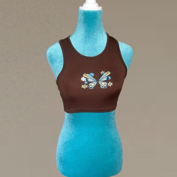 Tops - Brown Crop Top with Floral Embroidery